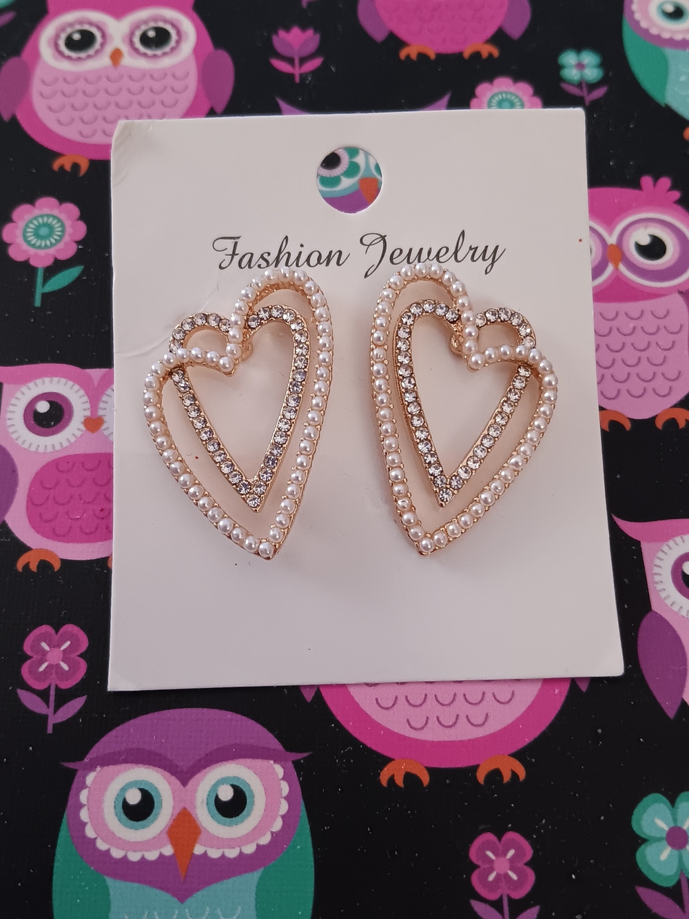 Pretty Double Heart  Faux Pearls & Rhinestone Earrings New!
